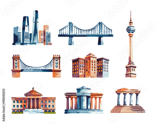 Watercolor illustration of iconic architecture and landmarks showcasing bridges and buildings from various cities across the world #1118300250