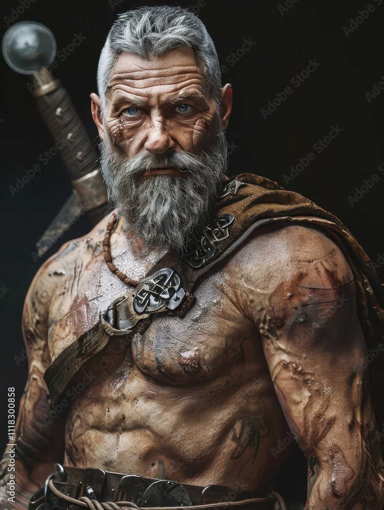 Fototapeta premium Experienced warrior with a striking appearance and detailed tattoos holding his sword