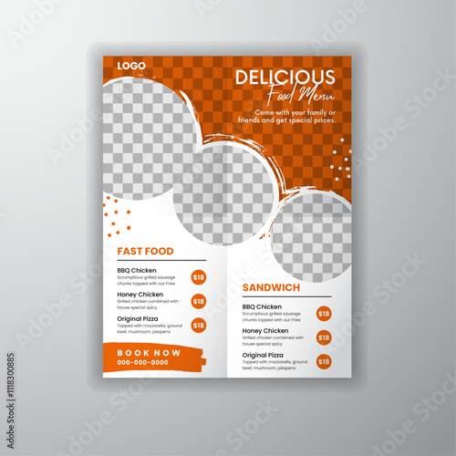 Fast food restaurant Delicious Food Menu Flyer Design template. Pizza, burger, & healthy food business online promotion flyer, logo, & icon. Sale cover