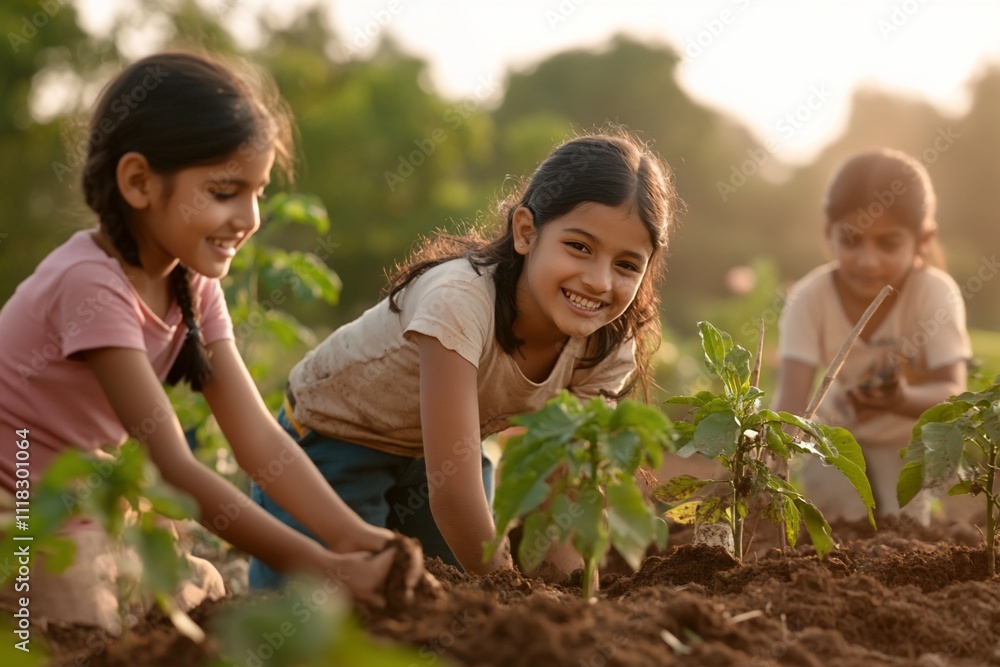 Happy girls planting seedlings in a garden. Happy girls planting seedlings in a garden.