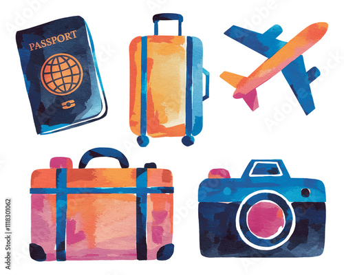 Vibrant watercolor illustration featuring travel essentials like a passport, luggage, airplane, and camera ready for an adventure