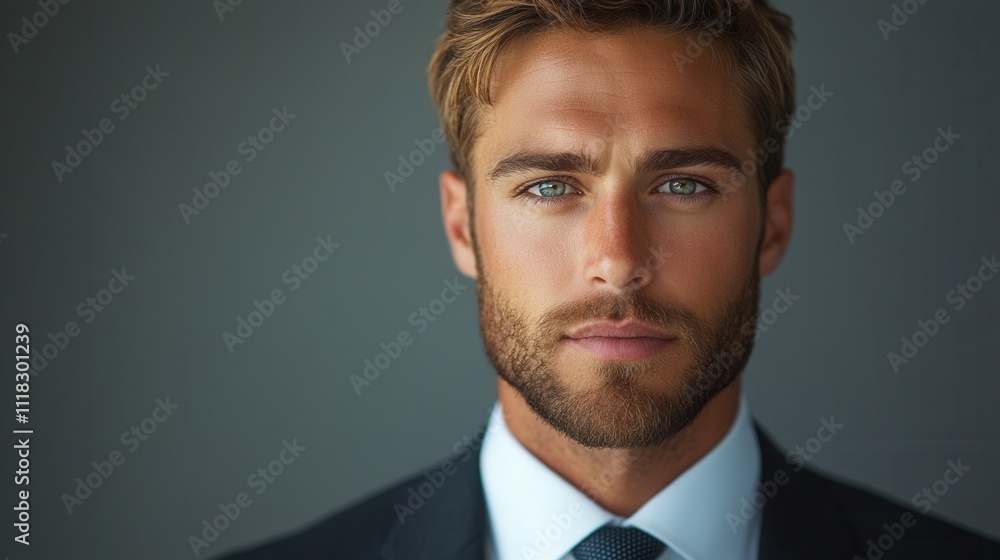 Confident Young Man in Formal Suit with Captivating Eyes Confident Young Man in Formal Suit with Captivating Eyes
