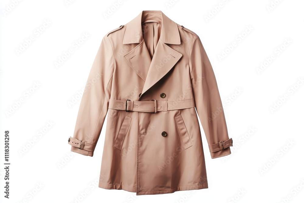 Neutral pink men's trench coat with belted waist and tailored design, isolated on white background, ideal for branding and fashion mockups Neutral pink men's trench coat with belted waist and tailored design, isolated on white background, ideal for branding and fashion mockups