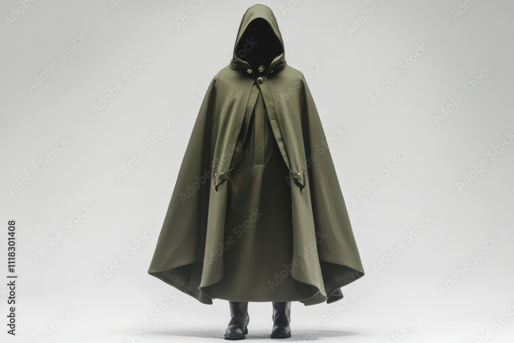 Stylish green women's cape with hood and detailed buttons, displayed on a neutral white background, perfect for fashion branding and retail Stylish green women's cape with hood and detailed buttons, displayed on a neutral white background, perfect for fashion branding and retail