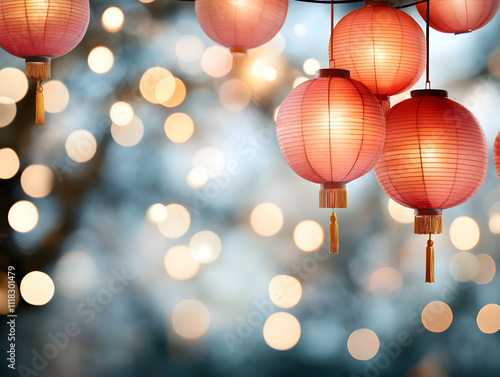 Asian red traditional lanterns. Oriental illustration for Chinese New Year in chinatown. Cover, banner, poster, greeting cardfor Chinese lantern festival with copy space photo