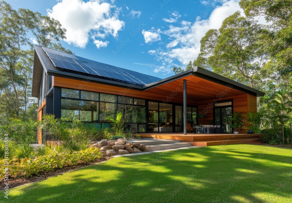 Modern eco-friendly house with solar panels surrounded by lush greenery and a serene garden, featuring large windows and wooden elements for an inviting atmosphere Modern eco-friendly house with solar panels surrounded by lush greenery and a serene garden, featuring large windows and wooden elements for an inviting atmosphere