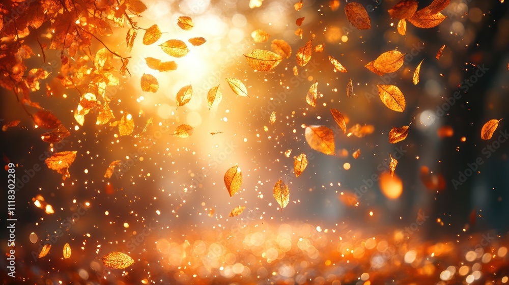 Falling autumn leaves in sunlit forest. Falling autumn leaves in sunlit forest.
