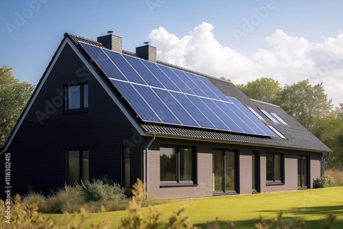 Wallpaper Mural Modern house with solar panels on roof. New home design with dark solar panels. Bright sunny day. Eco-friendly housing. Sustainable energy tech. Residential property. Outdoor shot of home in suburban Torontodigital.ca