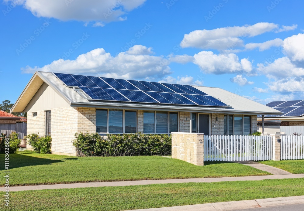 Naklejka premium Modern Residential Home with Solar Panels on Roof Surrounded by Lush Green Lawn and White Picket Fence Against a Bright Blue Sky with Fluffy Clouds
