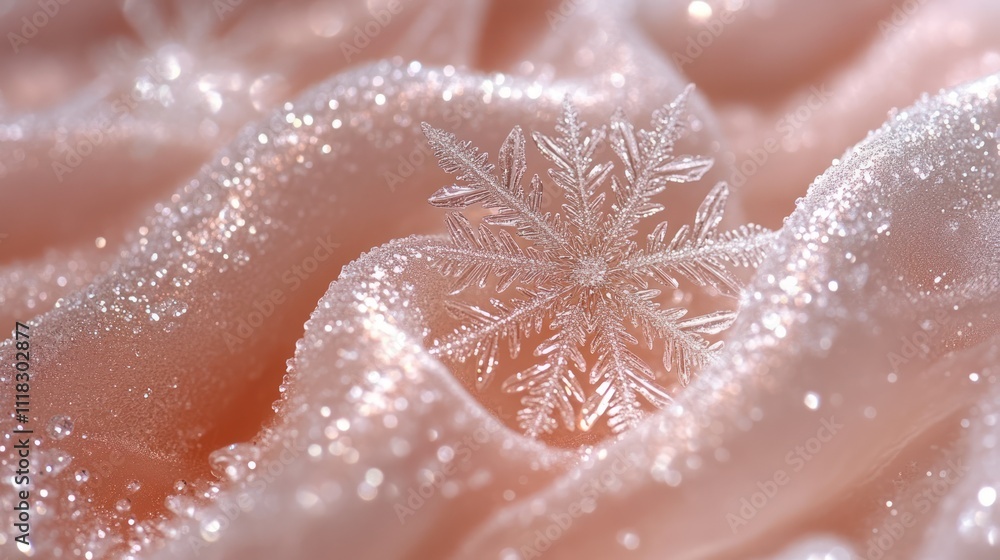 Obraz premium Delicate snowflake rests on peach fabric with water droplets.