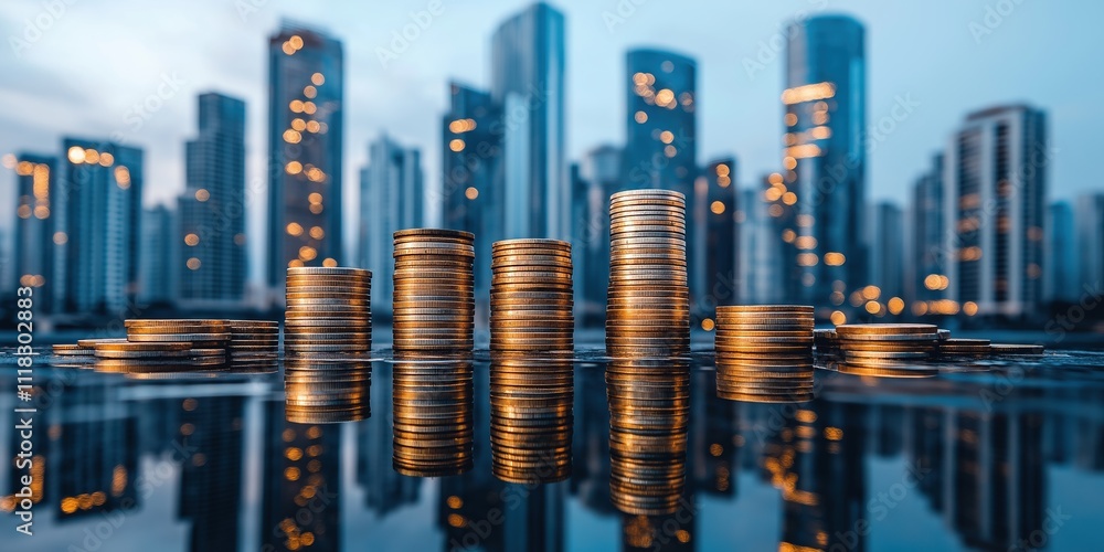 Urban skyline with stacks of coins reflects economic growth and development in a modern city Urban skyline with stacks of coins reflects economic growth and development in a modern city