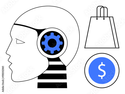 Human profile with a gear symbol in the head, indicating smart thinking. Nearby, a shopping bag and a coin icon represent financial decisions. Ideal for retail, technology, finance, e-commerce, AI