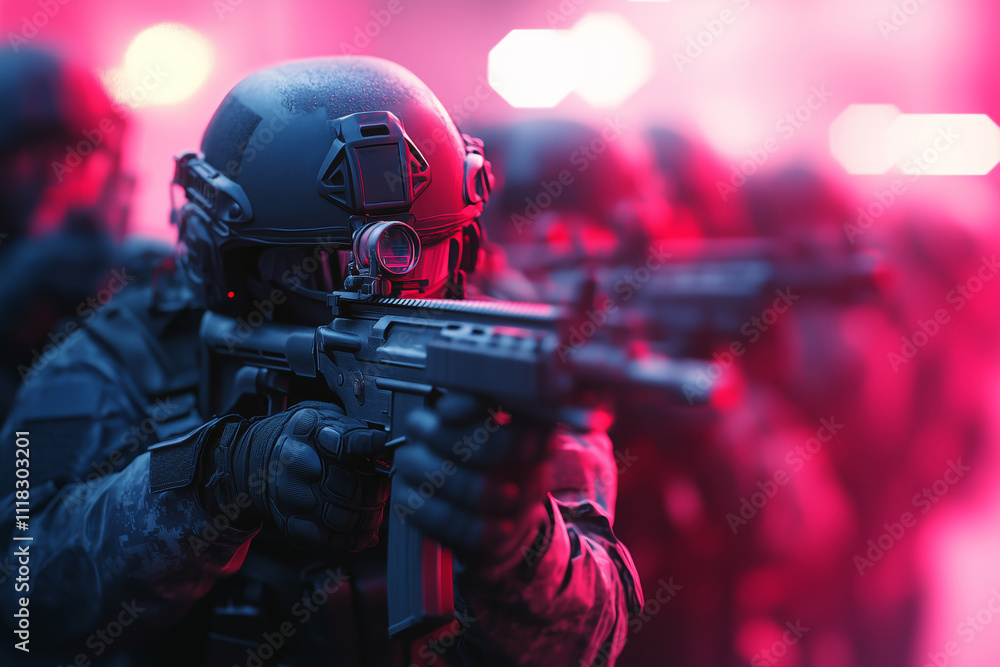 A tactical unit prepares for action, armed and ready, in a red-lit environment A tactical unit prepares for action, armed and ready, in a red-lit environment