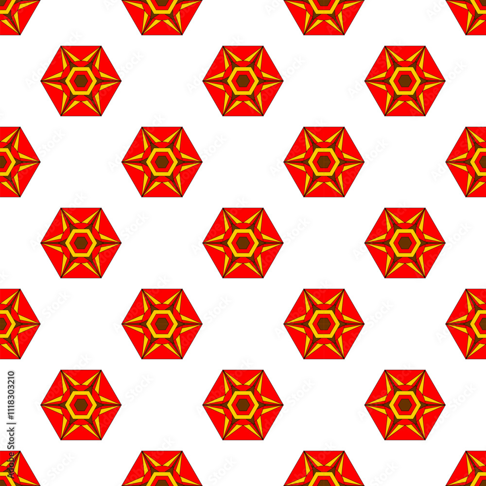 Seamless pattern with small red hexagons and stars. Mandala shape. Folk style. Kaleidoscopic design
Seamless pattern with small red hexagons and stars. Mandala shape. Folk style. Kaleidoscopic design