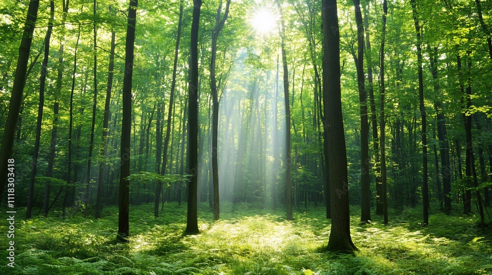 Obraz premium Lush forest with sunlight filtering through trees, creating a serene atmosphere.