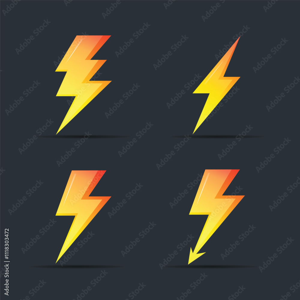 Thunder bolt vector illustrations. Lightning bolt icons set on dark background. Thunder bolt vector illustrations. Lightning bolt icons set on dark background.