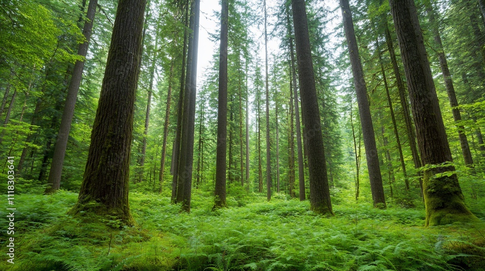 Lush green forest with tall trees and vibrant undergrowth. Lush green forest with tall trees and vibrant undergrowth.