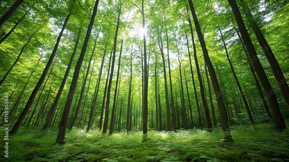 Naklejka premium Lush green forest with tall trees and sunlight filtering through.