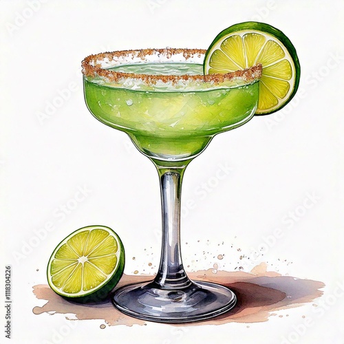 Watercolor illustration of hand painted green cocktail Margarita with slice of lime and salt in matrini glass. Alcohol beverage drink. Isolated on white  photo