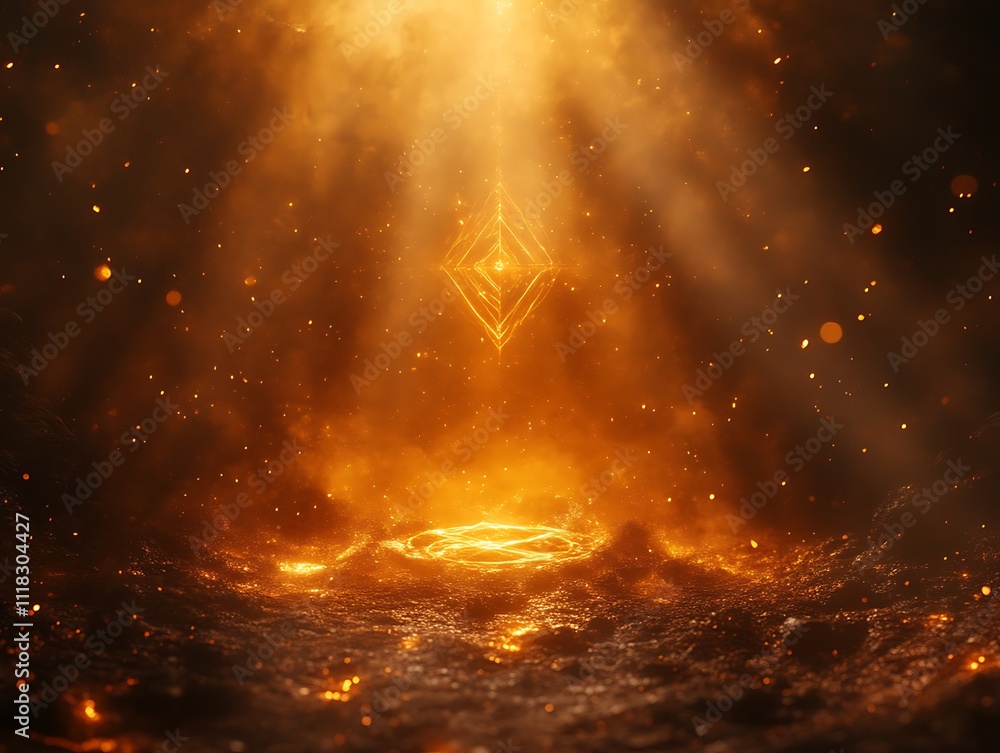 Golden Geometric Crystal Illuminated In Fiery Embers Golden Geometric Crystal Illuminated In Fiery Embers