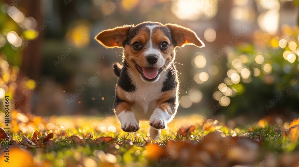 Happy beagle puppy running through autumn leaves in sunlight. Happy beagle puppy running through autumn leaves in sunlight.
