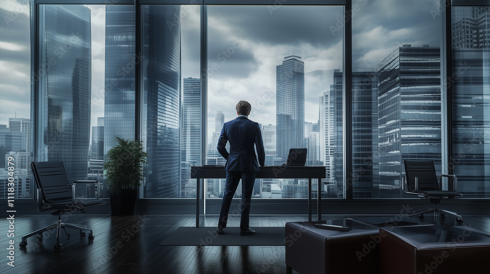 A businessman in a suit standing at a desk and looking through a window with skyscrapers outside, a stock photography image, high resolution, and super realistic. A businessman in a suit standing at a desk and looking through a window with skyscrapers outside, a stock photography image, high resolution, and super realistic.