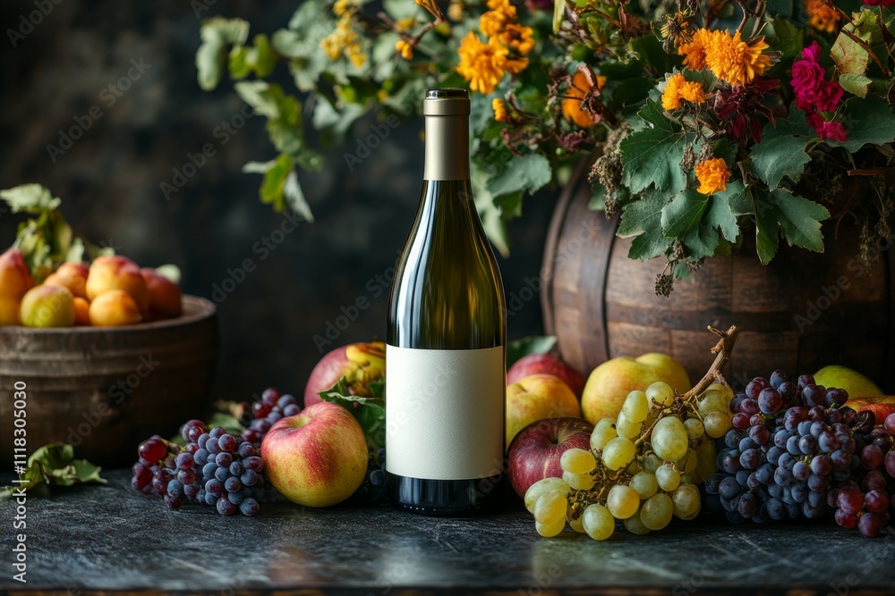 Autumn Harvest Wine Bottle Grapes Apples Flowers Still Life Autumn Harvest Wine Bottle Grapes Apples Flowers Still Life