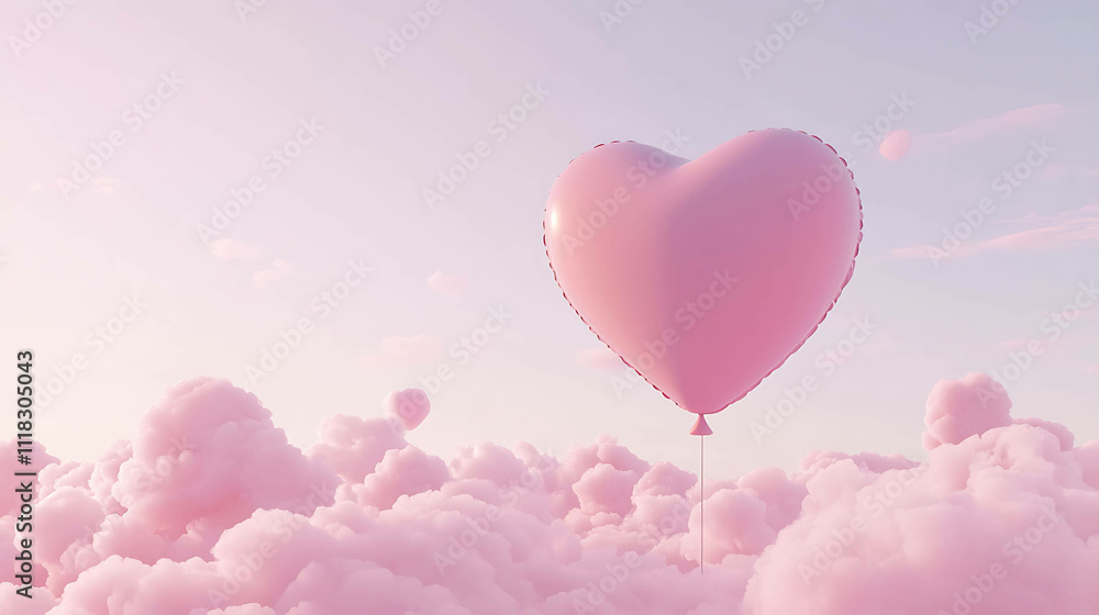 Clouds of Love: A Heart-Shaped Balloon Floating Among Pink Clouds