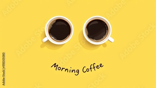 Creative coffee concept with two cups on yellow background and morning coffee text, photograph pc, laptop wallpaper photo