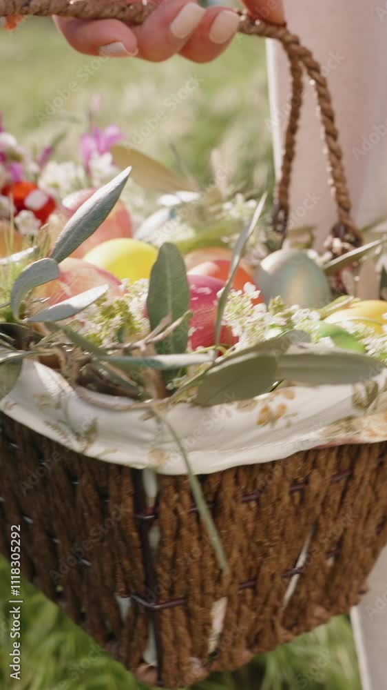 Vertical video. A Hand Carrying a Basket of Flowers and Easter Eggs, with the Woman in White Pants Strolling Through a Sunlit Grassy Field. Slow motion. Vertical video. A Hand Carrying a Basket of Flowers and Easter Eggs, with the Woman in White Pants Strolling Through a Sunlit Grassy Field. Slow motion.