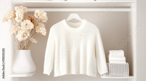 Organized closet with minimalist design showcasing neutral colors and cozy sweater alongside decorative accents photo