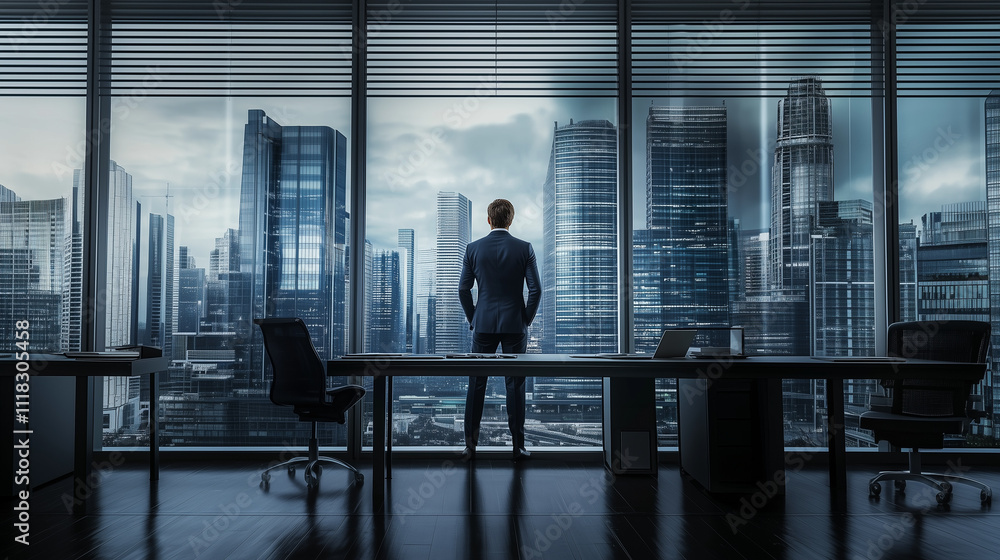 A businessman in a suit standing at a desk and looking through a window with skyscrapers outside, a stock photography image, high resolution, and super realistic. A businessman in a suit standing at a desk and looking through a window with skyscrapers outside, a stock photography image, high resolution, and super realistic.