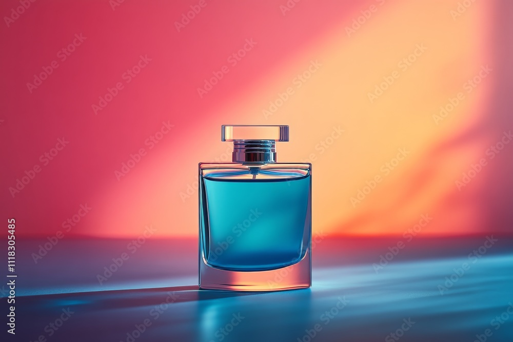 Luxurious Teal Perfume Bottle Pink Orange Background Fragrance Beauty Product Luxurious Teal Perfume Bottle Pink Orange Background Fragrance Beauty Product