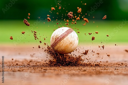 A cricket ball breaking the stumps during a fast delivery, with the bails flying dramatically into the air
