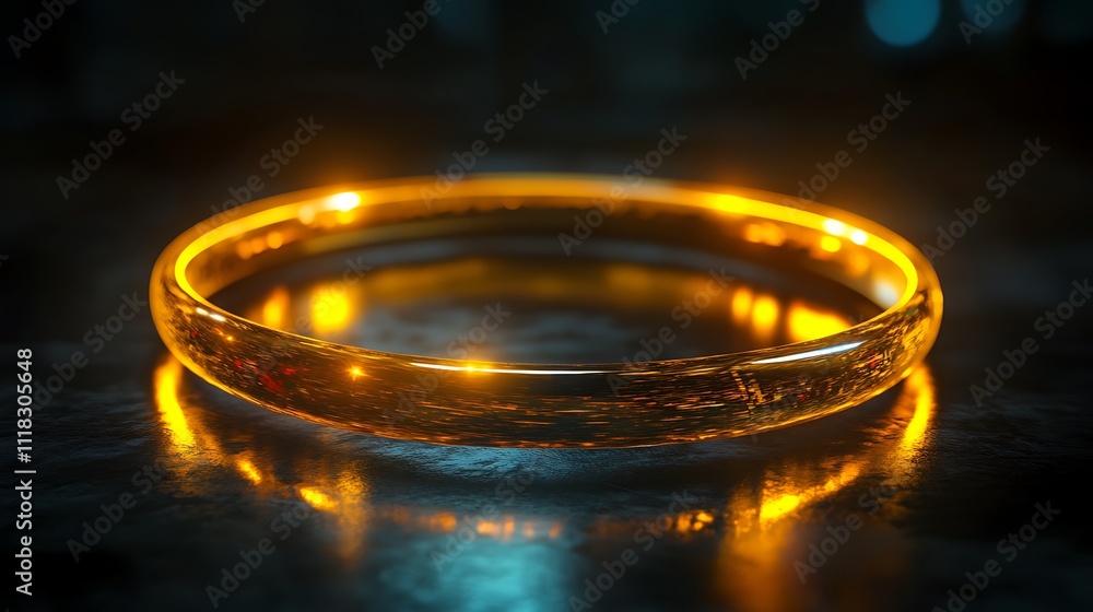 Glowing gold ring on dark surface. Glowing gold ring on dark surface.