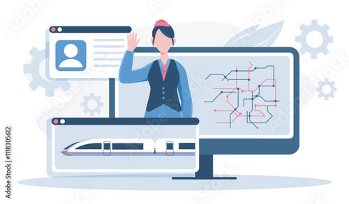 Train conductor online. Woman in uniform at computer with metropolis map. Urban infrastructure. Travel, trip and tourism, journey. Flat vector illustration