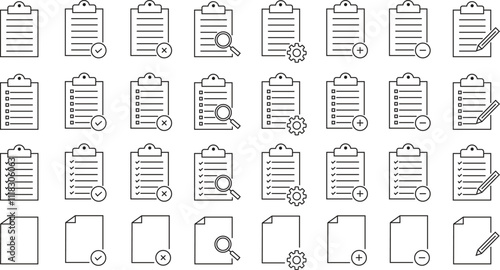 Checklist icon set with check mark document gear pencil tables analytics questionnaire notes and notebooks on a clipboard symbol line vector collection isolated on transparent background.