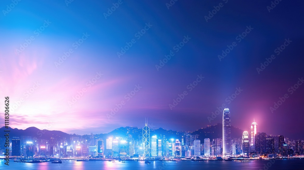 Vibrant Cityscape Skyline of Hong Kong at Night with Colorful Lights Vibrant Cityscape Skyline of Hong Kong at Night with Colorful Lights