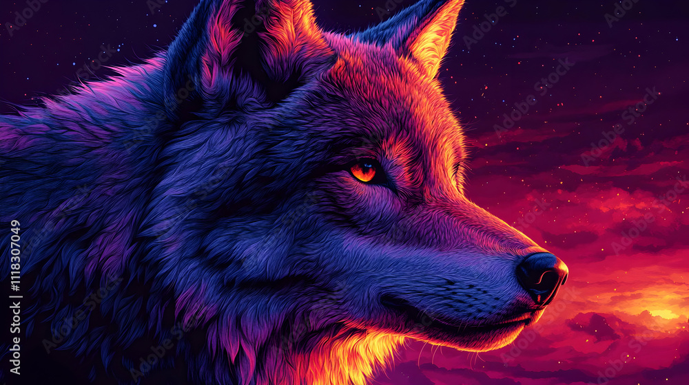 Wolf Portrait Illustration with Sunset Background Wolf Portrait Illustration with Sunset Background