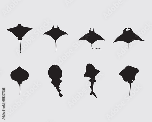 type of various rays fish silhouette.marine life ray vector illustration collection siolated on background