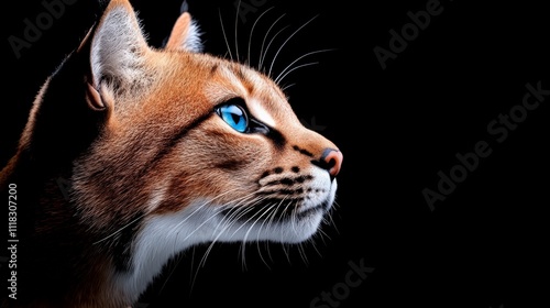 Lynx with Striking Blue Eyes: A captivating portrait of a lynx, its piercing blue eyes and sharp features stand out against a dark background, showcasing its wild beauty and alluring gaze.   photo