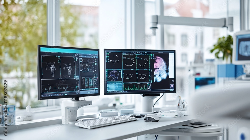 Naklejka premium Medical workspace with dual monitors displaying diagnostic images.