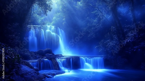 Serene Waterfall Cascading Through a Mystical Blue Forest