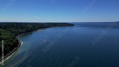 Wallpaper Mural Aerial Drone view of train track running parallel to Puget Sound in Washington pacific north west. Torontodigital.ca