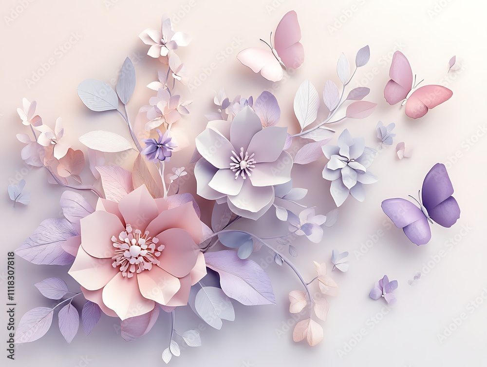 Obraz premium Whimsical Paper Garden: Pastel Blooms and Butterflies