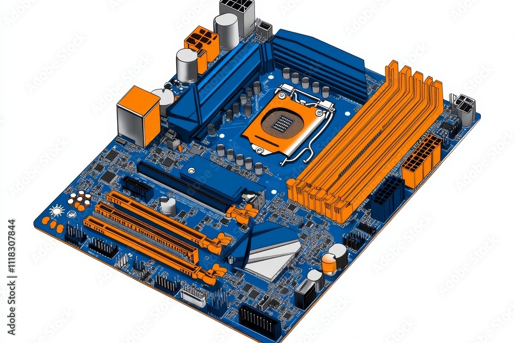 A flat 2D illustration of a motherboard with a CPU installed, using vibrant colors and bold outlines on a white canvas A flat 2D illustration of a motherboard with a CPU installed, using vibrant colors and bold outlines on a white canvas