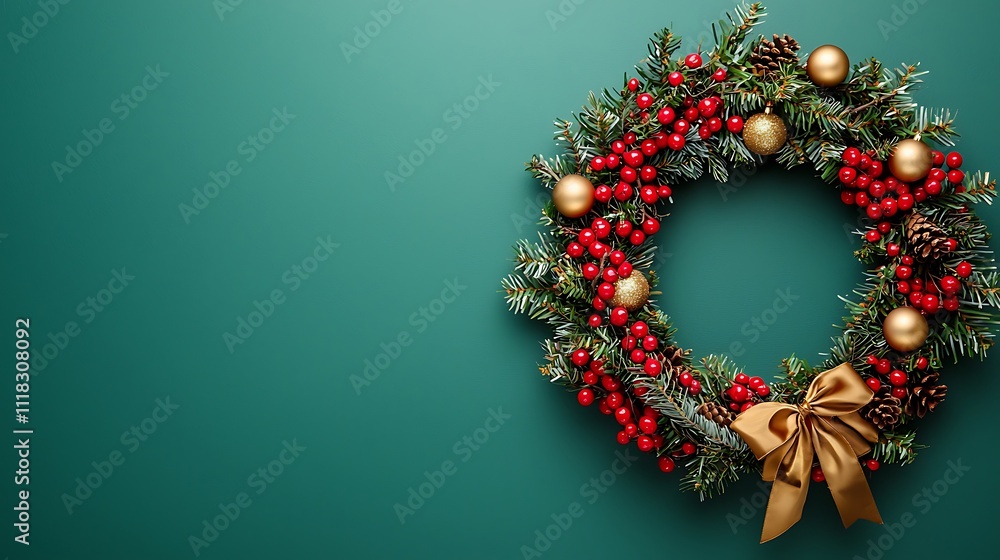 A wreath of red berries and gold ribbons sits on a green background A wreath of red berries and gold ribbons sits on a green background