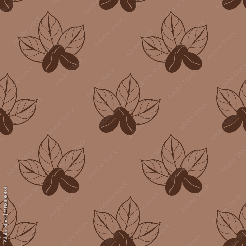 Mocha mousse pattern coffee beans on coffee leaves, doodle stylized contour drawing. Mocha mousse pattern coffee beans on coffee leaves, doodle stylized contour drawing.