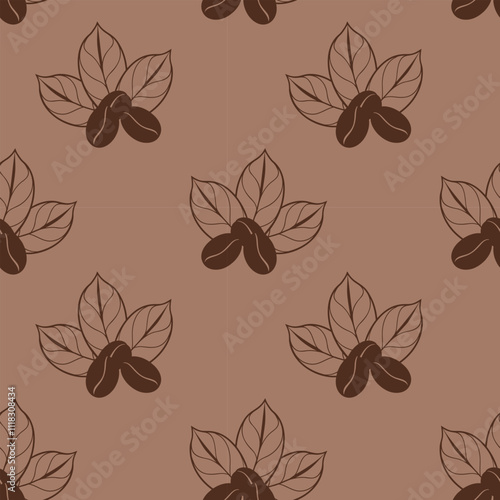 Mocha mousse pattern coffee beans on coffee leaves, doodle stylized contour drawing.