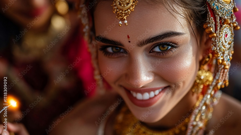 Smiling Indian bride in traditional jewelry and makeup, focused close-up portrait. Smiling Indian bride in traditional jewelry and makeup, focused close-up portrait.